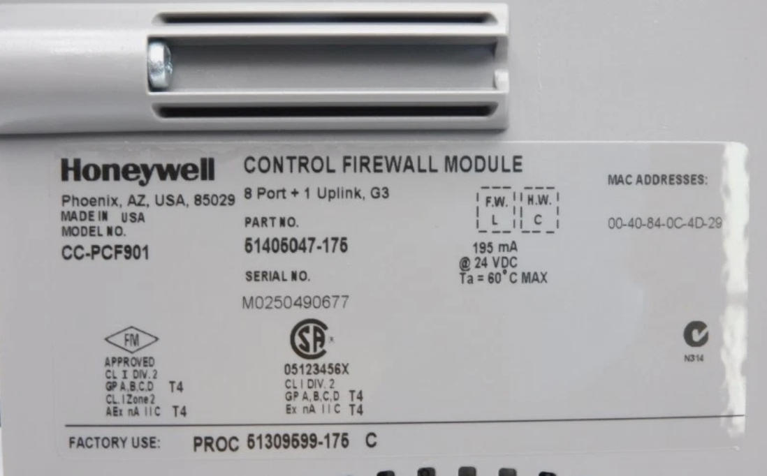হানিওয়েল CC-PCF901 কন্ট্রোল ফায়ারওয়াল মডিউল 24V DC পাওয়ার সাপ্লাই সহ নেটওয়ার্ক সুরক্ষা সুরক্ষা এবং FTE নেটওয়ার্ক বিতরণের জন্য